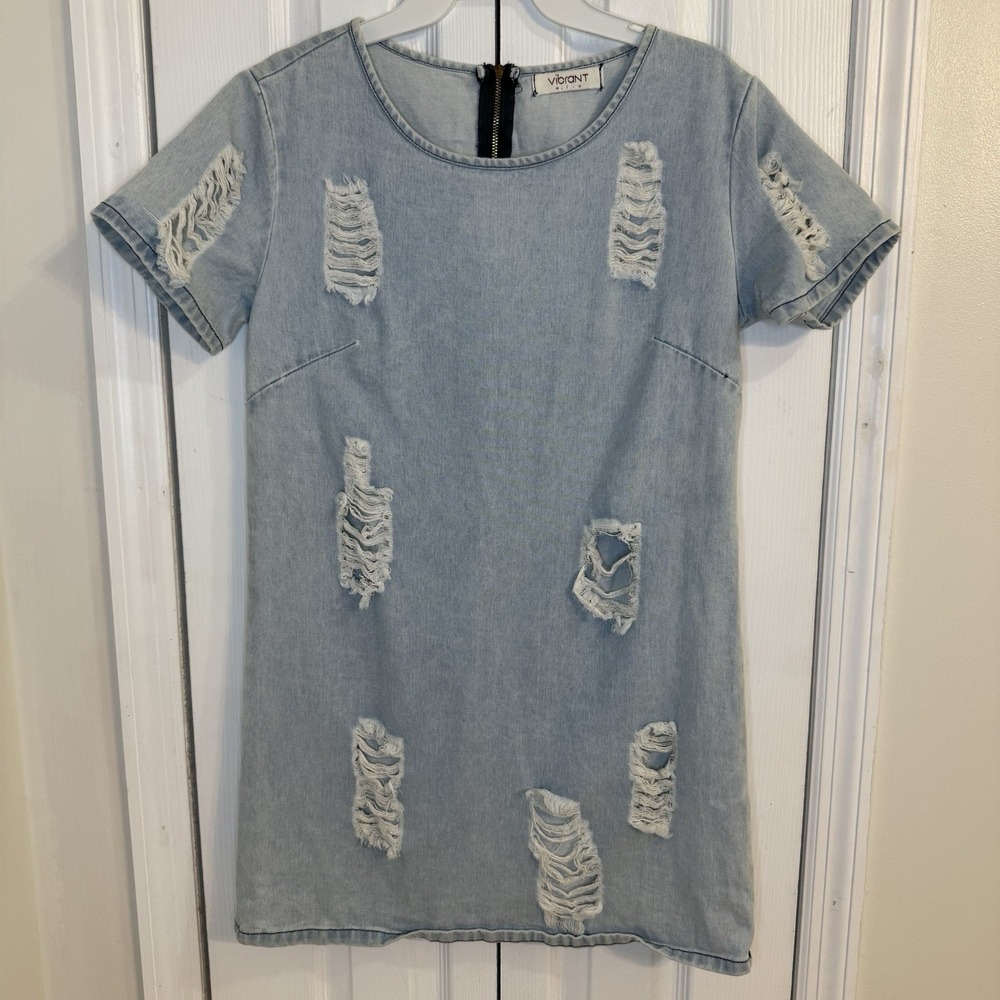Vibrant M.I.U Womens Short Sleeve Ripped Distressed Midi Denim Dress Blue Medium